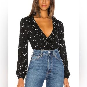 Paige Floral Abelie Surplice Front Long Sleeve Top - Black - XS